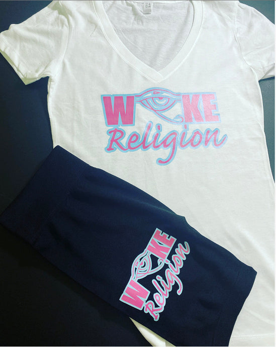 Woke Religion Pink & Teal Logo T-Shirt & Bikers(one size)